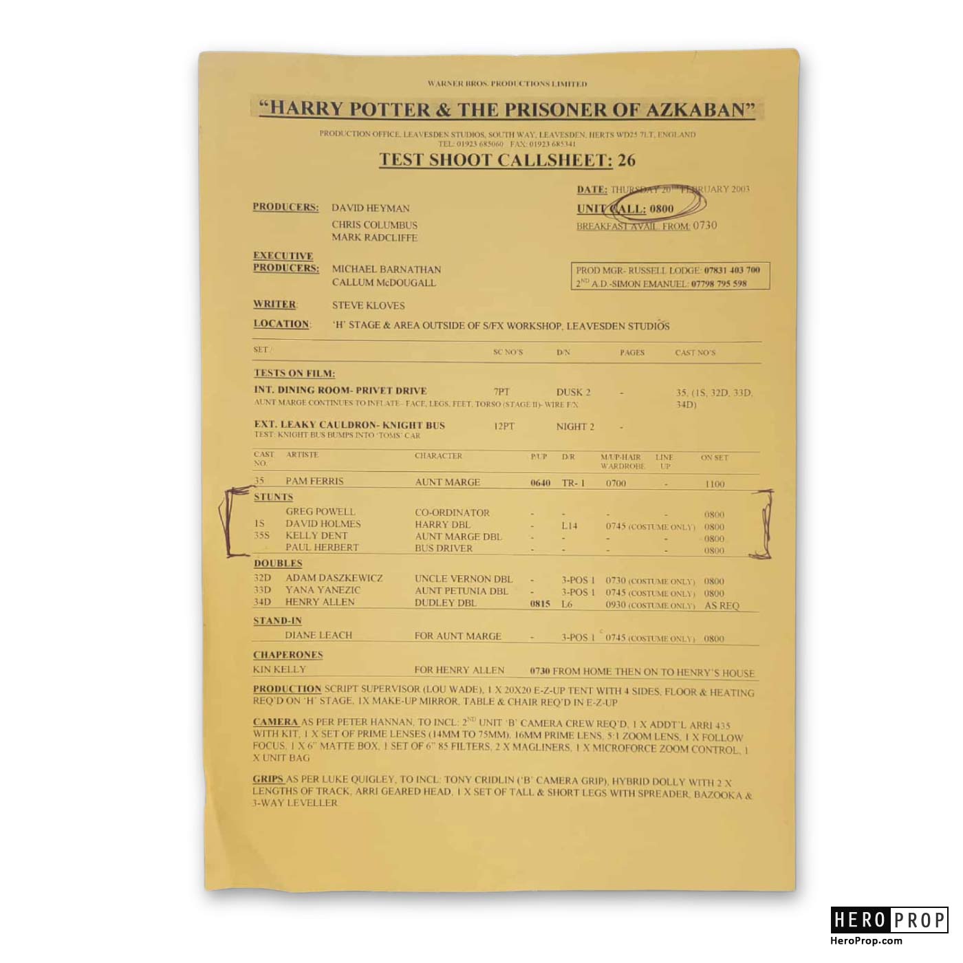 Harry Potter and the Prisoner of Azkaban (2004) - Test Callsheet #26 Harry Potter and the Prisoner of Azkaban (2004) - Test Callsheet #26
