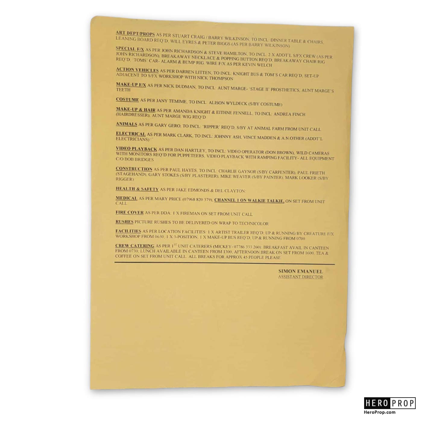 Harry Potter and the Prisoner of Azkaban (2004) - Test Callsheet #26 - Image 2 Harry Potter and the Prisoner of Azkaban (2004) - Test Callsheet #26 - Image 2